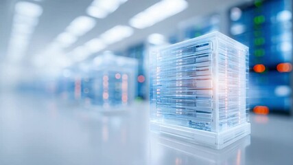 Digital Server Rack: A futuristic server rack glows brightly within a modern data center, symbolizing the backbone of technology, computation, and digital infrastructure. - Powered by Adobe