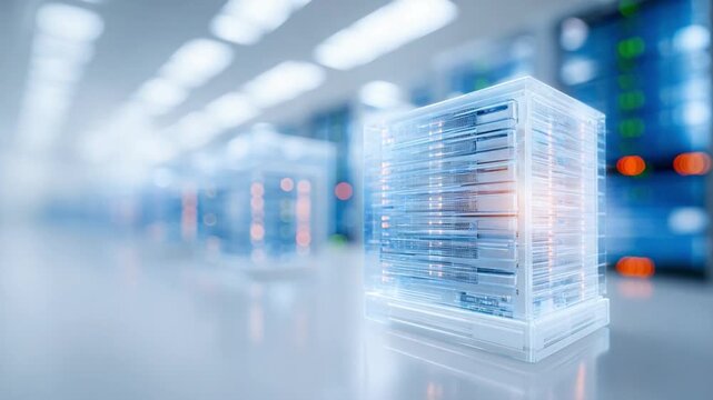 Digital Server Rack: A futuristic server rack glows brightly within a modern data center, symbolizing the backbone of technology, computation, and digital infrastructure.