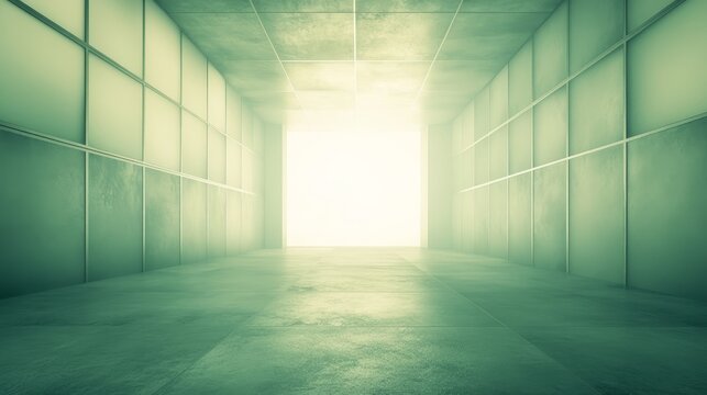Illuminated long hallway with a bright light source streaming through the center.