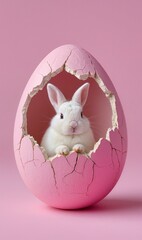 Easter bunny in an eggshell on a pastel backgraund. Gentle spring composition symbolizing Easter.
