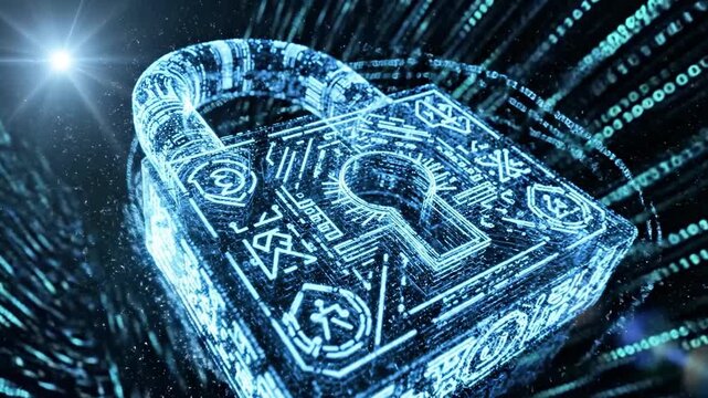 A futuristic, glowing blue padlock with intricate circuitry patterns and digital codes in the background
