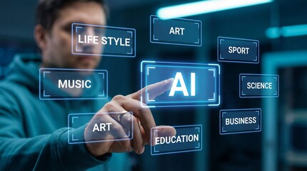 Man interacts with holographic AI interface exploring technology and future conc