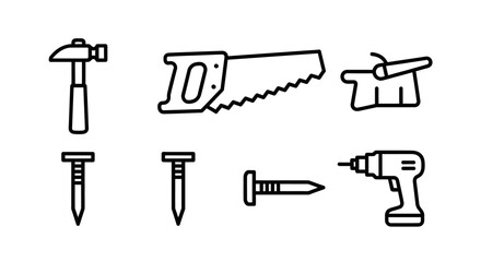 Fototapeta premium Construction Tools Line Art Illustration - Hammer, Saw, Vise, Nails, and Drill.
