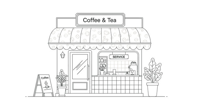 A charming black and white line art illustration of a small coffee and tea shop storefront with an awning, sign, and potted plants.