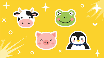 A cute collection of four smiling animal face stickers, including a cow, frog, pig, and a penguin wearing a bowtie, on a sunny yellow background.