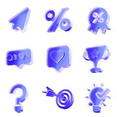 Set of 3D Glass marketing engagement icon, target goal, promotion feedback and audience interaction concept. Transparent liquid Glass icon, glassmorphism icon, crystal clear. 3d illustration. 