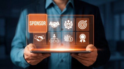 Person in business attire holding a tablet displaying a vibrant holographic scre