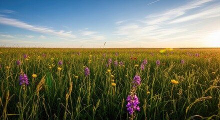 Vibrant wildflowers in a lush green field at sunset