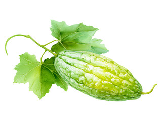 Watercolor bitter gourd melon with leaves isolated on transparent background