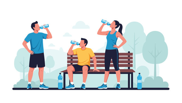 Group of athletic people resting and drinking water from plastic bottles after a workout or run in a city park with trees.