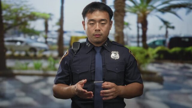 Focused man in navy uniform adjusts shiny badge and holds radio mic on busy street amid palm trees; duty.