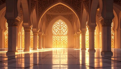 Beautiful aesthetic Islamic interior featuring a large glowing crescent moon and traditional lanterns for Ramadan celebration.