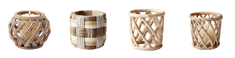 Obraz premium Rattan Candle Holder Collection: Woven Basket Design on White