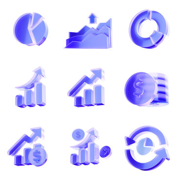 Set of 3D Glass analytics growth icon, business statistics, finance performance and data progress concept. Transparent liquid Glass icon, glassmorphism icon, crystal clear. 3d illustration.
