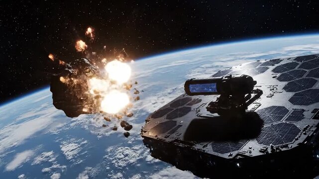 Futuristic space station with laser weapon destroying asteroid near Earth, showcasing advanced technology.
