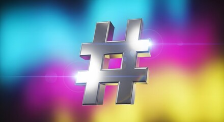Shiny metallic hashtag symbol against a vibrant colorful background.