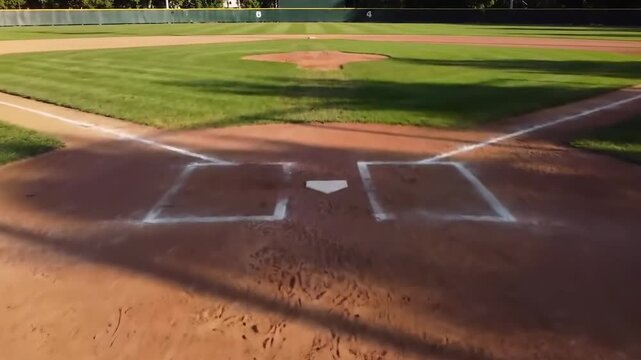Aerial view of a baseball field with green grass and brown dirt.