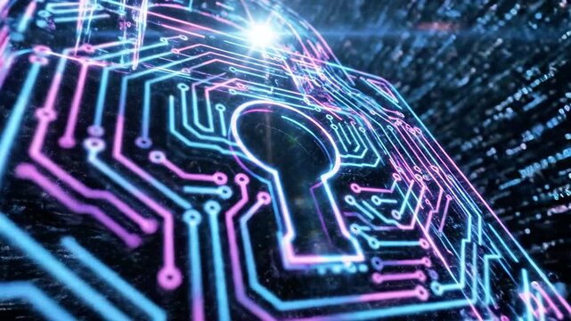 A glowing blue and pink padlock with a circuit board design on a dark background with bright lights and binary code