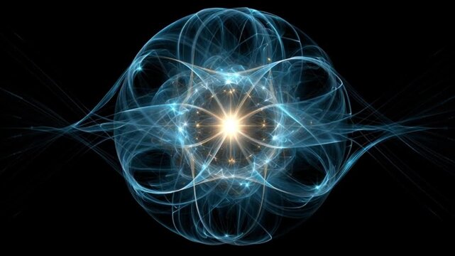 Healing energy concept. Spiritual wellness. Energy flow. Inner balance. Holistic healing. Spiritual connection. Abstract representation of energy and atomic structures in blue tones