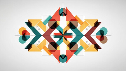 Vibrant geometric pattern with colorful shapes and lines on gray