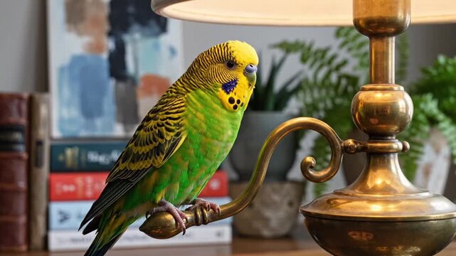 A vibrant green parrot perched on a brass lamp in a cozy living room with books and plants