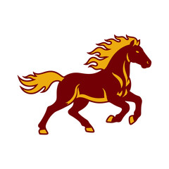 Dynamic fire horse mascot in galloping pose with dark red body and orange fiery hair.