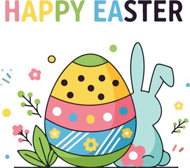 Happy Easter greeting with a colorful decorated egg, cute bunny, and spring flowers, perfect for holiday cards and decorations