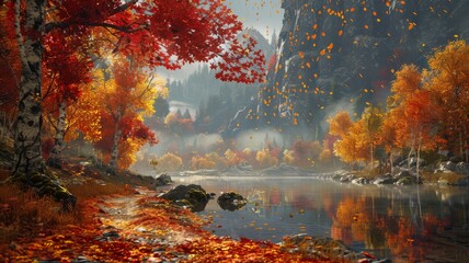Idyllic Autumn Forest River with Red and Orange Trees and Falling Leaves in a Misty Valley