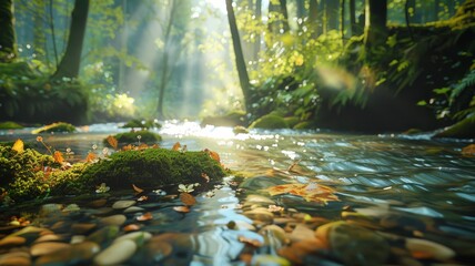 Sunlight Streaming through a Lush Green Forest onto a Clear Stream with Mossy Rocks