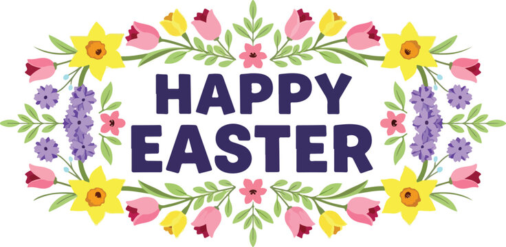 Happy Easter greeting with floral border, festive typography and spring blossoms