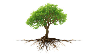 Vibrant Green Tree With Extensive Root System Against A Clean White Background
