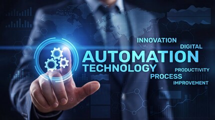 Businessman hand touches glowing automation technology interface with global dat