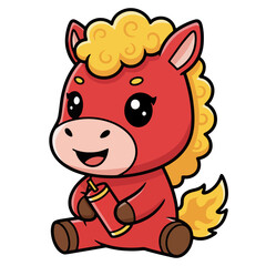 Sitting fire horse mascot holding red firecrackers for 2026 lunar new year celebration.
