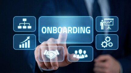 Professional hand touching glowing virtual onboarding screen with business icons