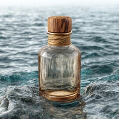 Small Glass Bottle with Gold Glitter Floating in a Dark Blue Ocean