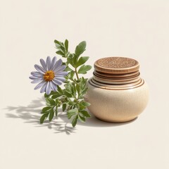 Small Speckled Cream Ceramic Jar with Brown Lid and Purple Daisy
