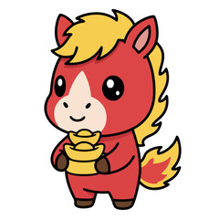 Curious fire horse mascot holding a gold ingot yuanbao looking at the camera.