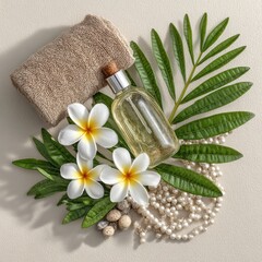 Spa Products Flatlay White Plumeria Flowers, Perfume Bottle, Pearls and Green Leaves
