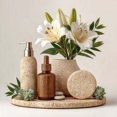 Spa Products Still Life White Lilies and Textured Beige Bottles on a Round Tray