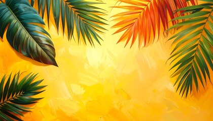 Vibrant tropical palm leaves set against a bright, textured yellow background