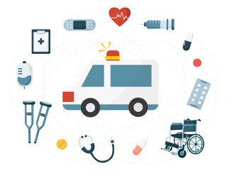 Illustration of hospital icons, hospital equipment, and medicine items with cute elements.