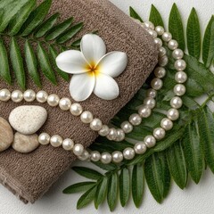 Spa Treatment Setup White Pearls and Plumeria Flower on Brown Towel