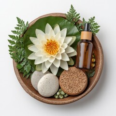 Spa Treatment Wellness White Lotus Flower Brown Bowl Essential Oil Stones