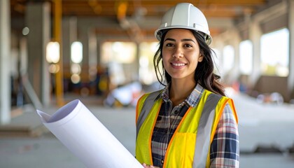 Smiling female construction worker holding blueprint on site.