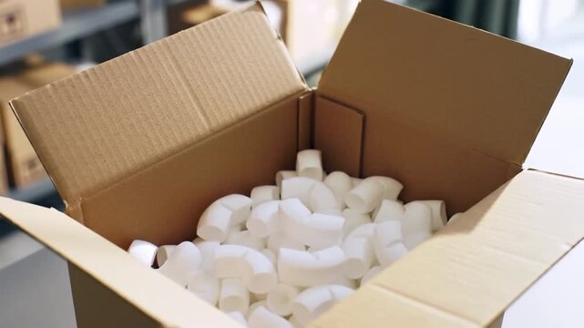 Close-up of a cardboard box being filled with white polystyrene packing peanuts for shipping.