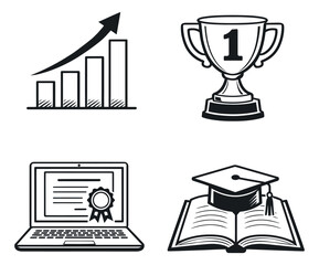 Hand drawn line art success and education icons set featuring a growth chart, a number one trophy, an online certificate, and a graduation cap for academic and business achievements