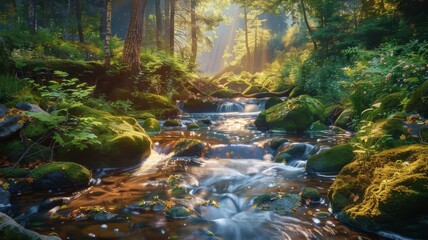 Peaceful Forest Stream with Small Waterfalls and Mossy Stones under a Canopy of Sunlit Trees
