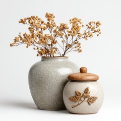 Speckled Grey Ceramic Vase with Dried Flowers and Wooden Lid