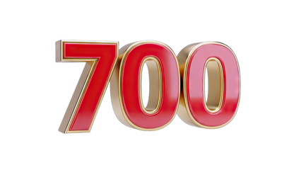 3D Red and Gold 3D Number 700 on transparent background