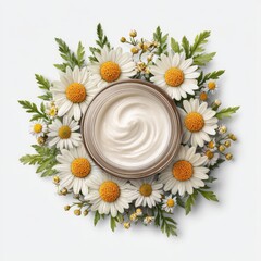 Swirled Cream in a Brown Jar Surrounded by White Daisies and Greenery